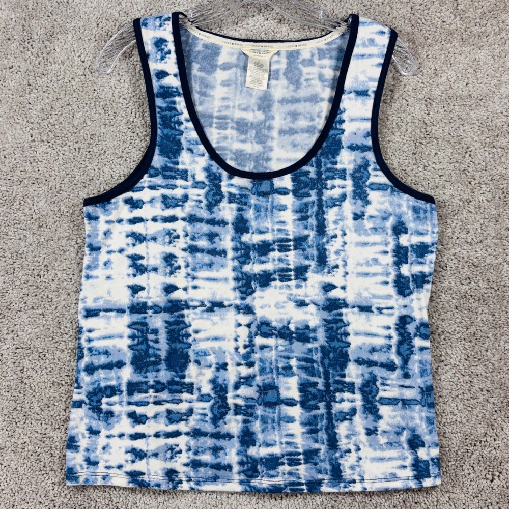 Lucky Brand Womens Blue White Tie Dye Scoop Neck Tank Top‎ Large 3933